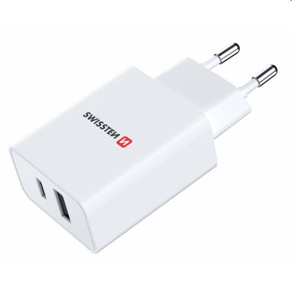 Sieťový Adaptér Swissten 1xUSB-C+1xUSB 30W, PD, bílý Sieťový Adaptér Swissten 1xUSB-C+1xUSB 30W, PD, bílý