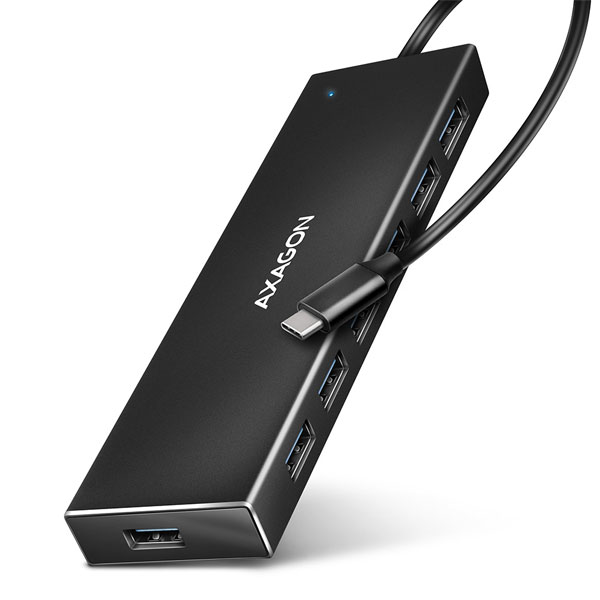 AXAGON HUE-F7C 7x USB 3.2 Gen 1 ALU FLAT hub, micro USB napájecí konektor, 30 cm USB-C kabel