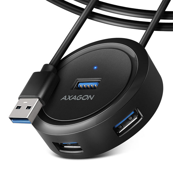 AXAGON HUE-P1AL 4x USB 3.2 Gen 1 ROUND hub, micro USB napájecí konektor, 1,2 m USB-A kabel
