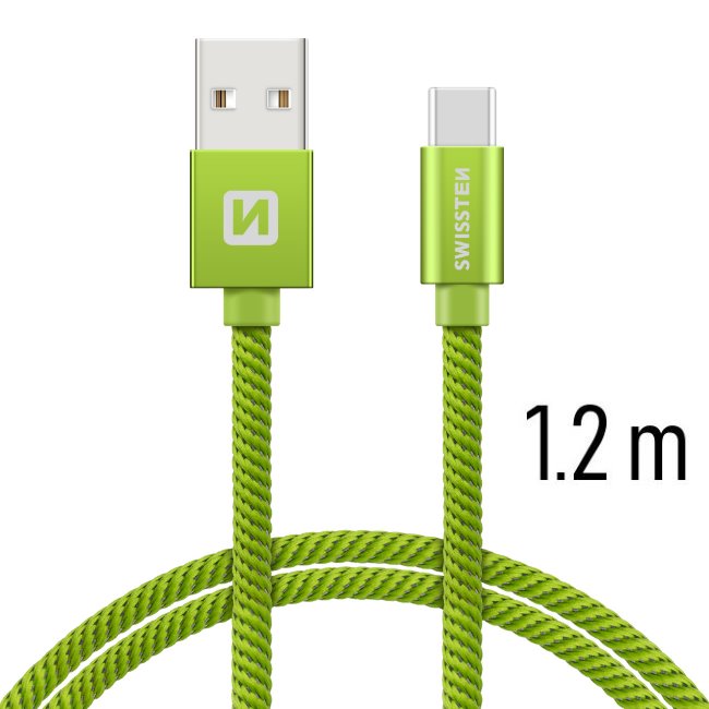 Swissten Data Cable Textile USB / USB-C 1.2 m, green - OPENBOX (Rozbalené zboží s plnou zárukou)