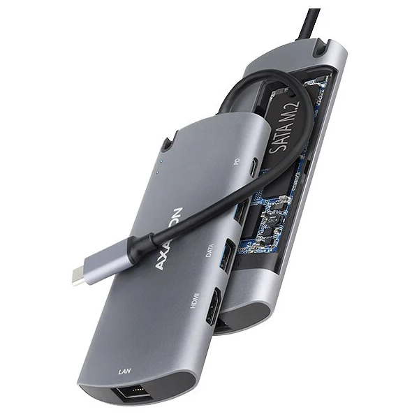 AXAGON HMC-6M2 USB-C 3.2 Gen 1 hub w. M.2 SATA + HDMI + GLAN + 2x USB-A + PD 100 W AXAGON HMC-6M2 USB-C 3.2 Gen 1 hub w. M.2 SATA + HDMI + GLAN + 2x USB-A + PD 100 W