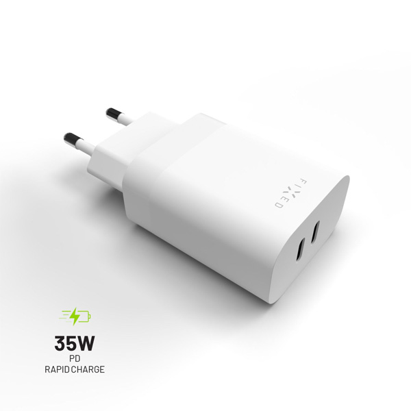 FIXED Síťová nabíječka s 2x USB-C, PD, 35W, bílá