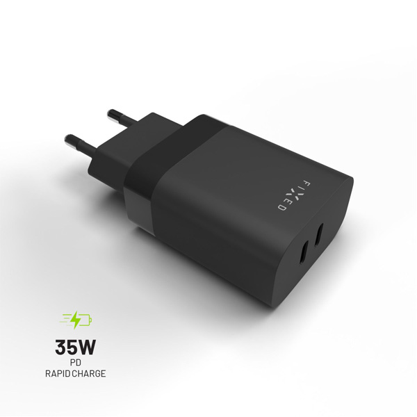 FIXED Síťová nabíječka s 2x USB-C, PD, 35W, černá