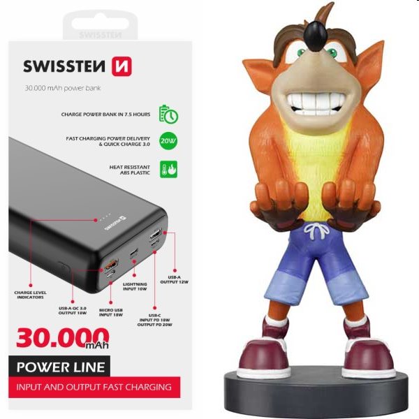 Swissten Power Line Powerbank 30 000 mAh 20W, PD, black + Cable Guy Crash Bandicoot Trilogy (Crash Bandicoot)