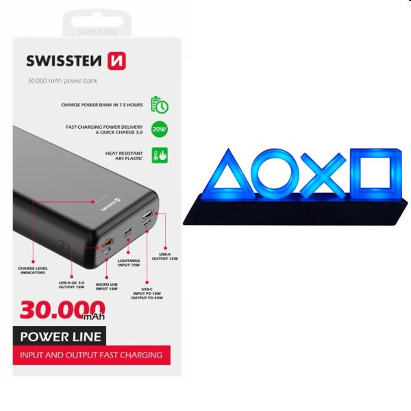 Swissten Power Line Powerbank 30 000 mAh 20W, PD, black + Playstation 5 Icons Light USB