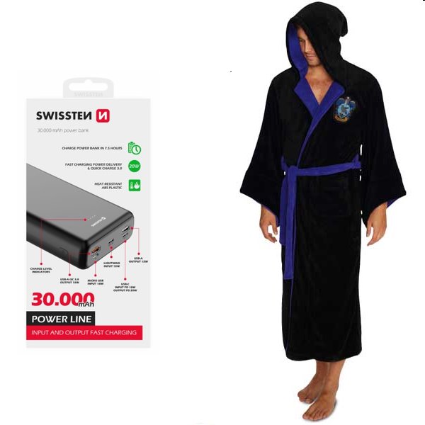 Swissten Power Line Powerbank 30 000 mAh 20W, PD, black + Župan Bathrobe Ravenclaw Fleece Black Blue (Harry Potter) Swissten Power Line Powerbank 30 000 mAh 20W, PD, black + Župan Bathrobe Ravenclaw Fleece Black Blue (Harry Potter)