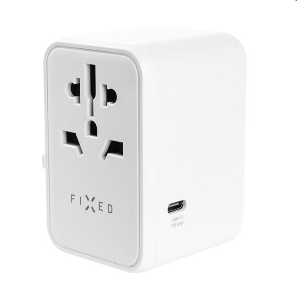 FIXED Cestovní adaptér pro EU, UK, USA/AUS s 3xUSB-C a 2xUSB výstupem, GaN, PD 65W, bílý