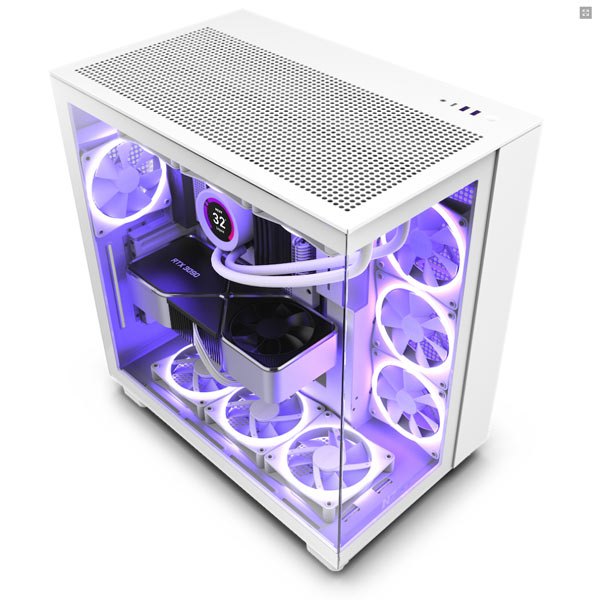 NZXT case H9 Flow Dual-chambers ATX / 4x120mm fan / 10xfan / mesh top / glass side panel, front / white