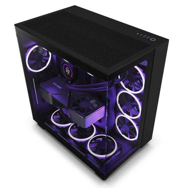NZXT case H9 Flow Dual-chambers ATX / 4x120mm fan / až 10xfan / mesh top / glass side panel, front / black
