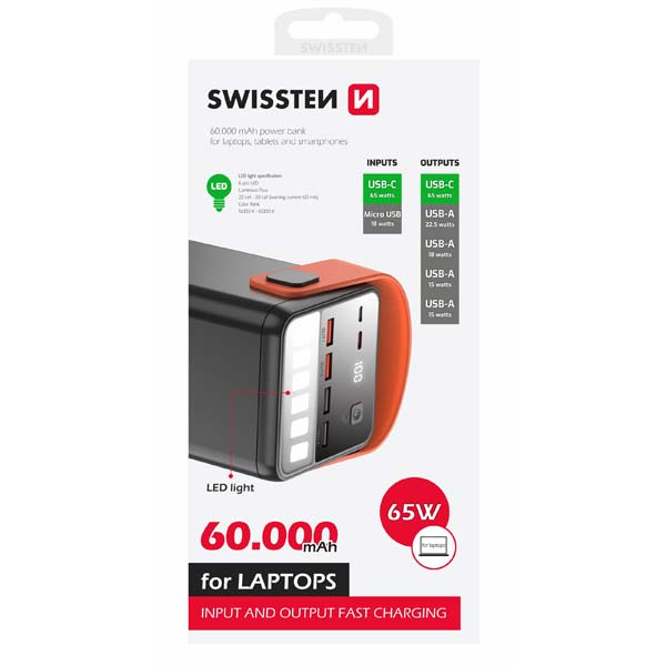 Swissten Power Line Powerbanka 60000 mAh 65W, PD, černá
