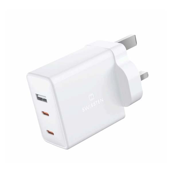 Swissten síťový adaptér GaN 2x USB-C + 1x USB 70W pre UK zásuvku, bílý