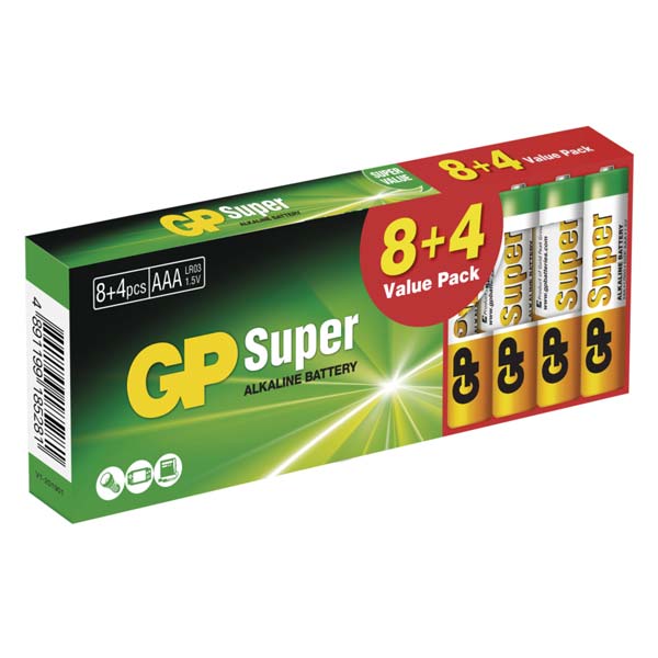 GP alkalická baterie SUPER AAA (LR03) 8+4DB