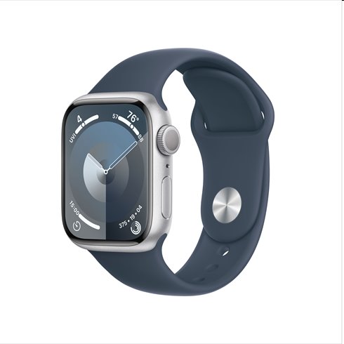 Apple Watch Series 9 GPS 41mm Silver Aluminium Case with Storm Blue Sport Band - M/L