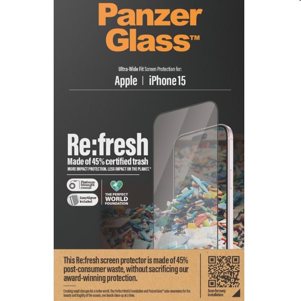 Ochranné sklo PanzerGlass Re:fresh UWF s aplikátorem pro Apple iPhone 15, černé