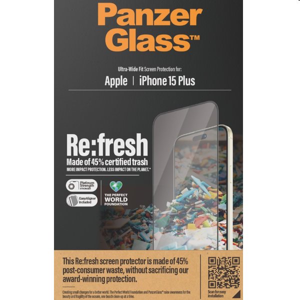 Ochranné sklo PanzerGlass Re:fresh UWF s aplikátorem pro Apple iPhone 15 Plus, černé