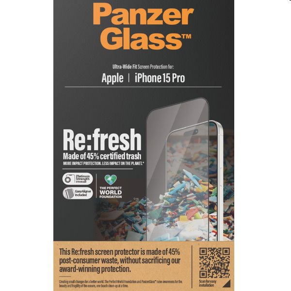 Ochranné sklo PanzerGlass Re:fresh UWF s aplikátorem pro Apple iPhone 15 Pro, černé