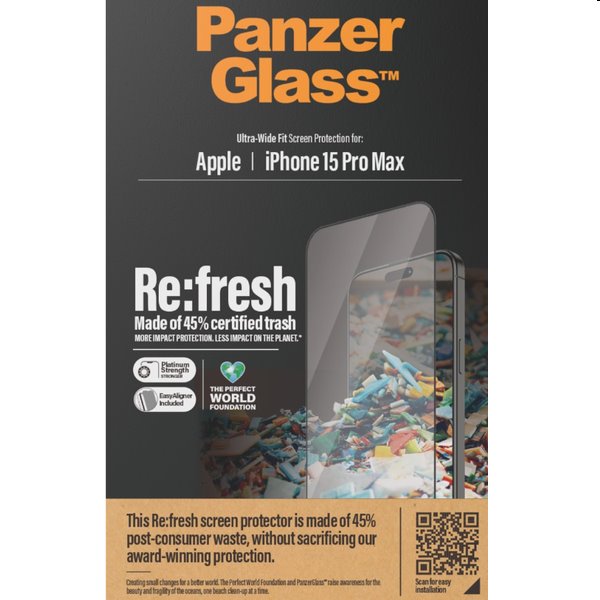 Ochranné sklo PanzerGlass Re:fresh UWF s aplikátorem pro Apple iPhone 15 Pro Max, černé