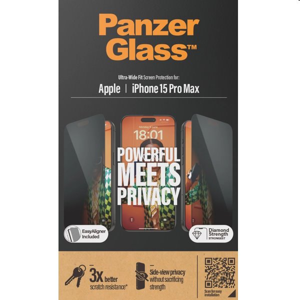 Ochranné sklo PanzerGlass UWF Privacy s aplikátorem pro Apple iPhone 15 Pro Max, černé