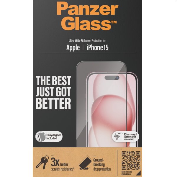Ochranné sklo PanzerGlass UWF s aplikátorem pro Apple iPhone 15, černé