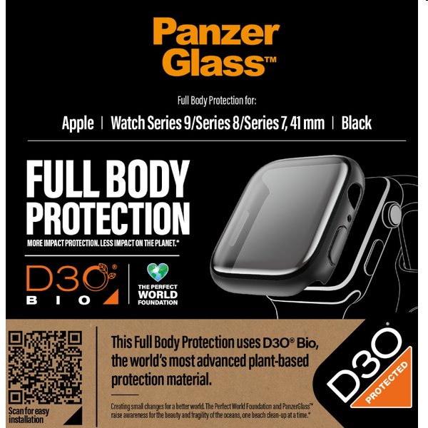 Tvrzené sklo Full Body D3O PanzerGlass pro Apple Watch 9/8/7 41 mm, černé