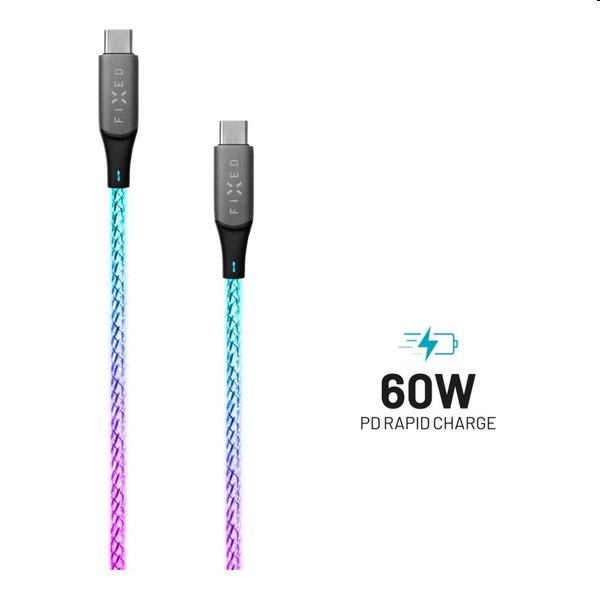 FIXED LED Nabíjecí kabel USB-C/USB-C, PD, 1,2 m, 60 W, duhový