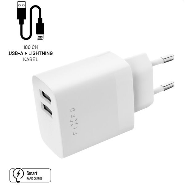 FIXED Set Síťová nabíječka 2xUSB a kabel USB/Lightning 1m MFI, 17W Smart Rapid Charge, bílá