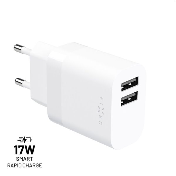 FIXED Síťová nabíječka s 2xUSB Smart Rapid Charge, 17W, bílá