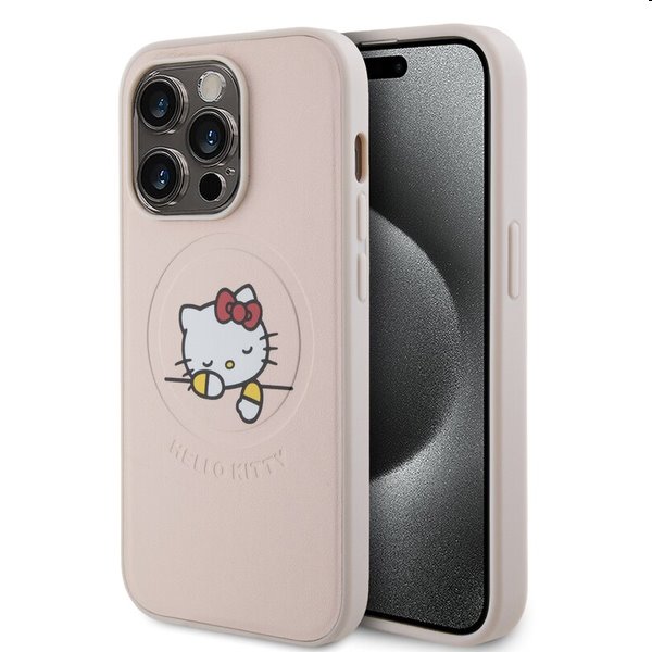 Zadní kryt Hello Kitty PU Kitty Asleep Logo MagSafe pro Apple iPhone 15 Pro, růžové