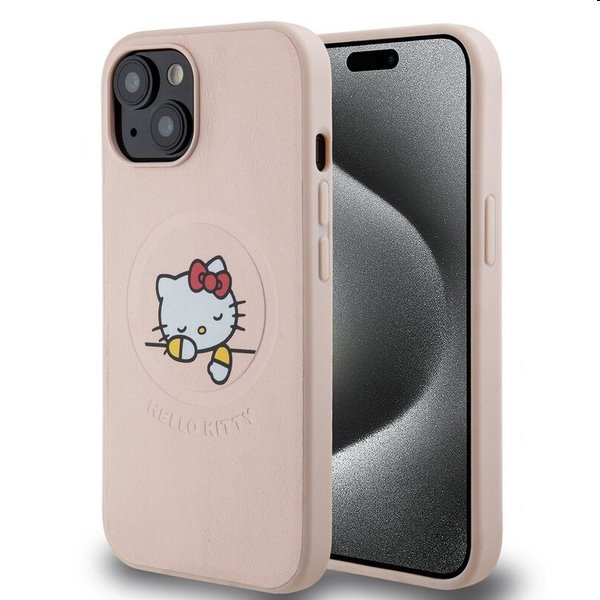 Zadní kryt Hello Kitty PU Kitty Asleep Logo MagSafe pre Apple iPhone 15, růžové