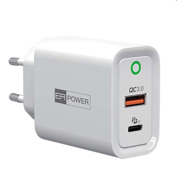 ER POWER Síťová nabíječka s USB-C/USB-A EU, PD, QC, bílá