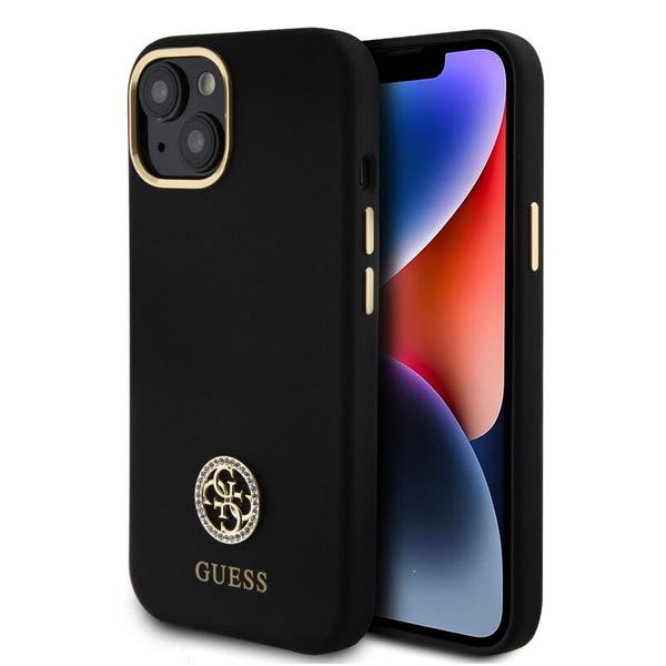 Guess Liquid Silicone 4G Strass Metal Logo Zadí Kryt pro iPhone 15, black