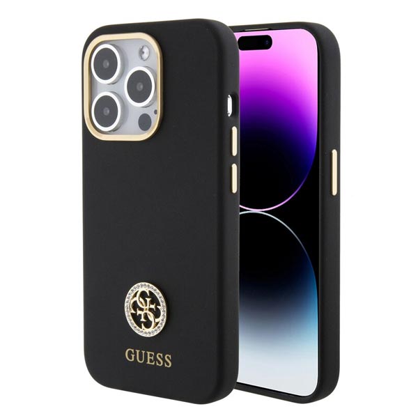 Guess Liquid Silicone 4G Strass Metal Logo Zadí Kryt pro iPhone 15 Pro, black