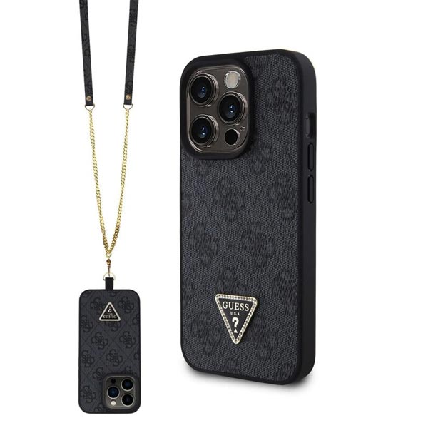 Guess PU 4G Strass Triangle Metal Logo Zadní Kryt + Crossbody Popruh pro iPhone 15 Pro, black