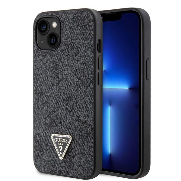 Guess PU 4G Strass Triangle Metal Logo Zadí Kryt pro iPhone 15, black