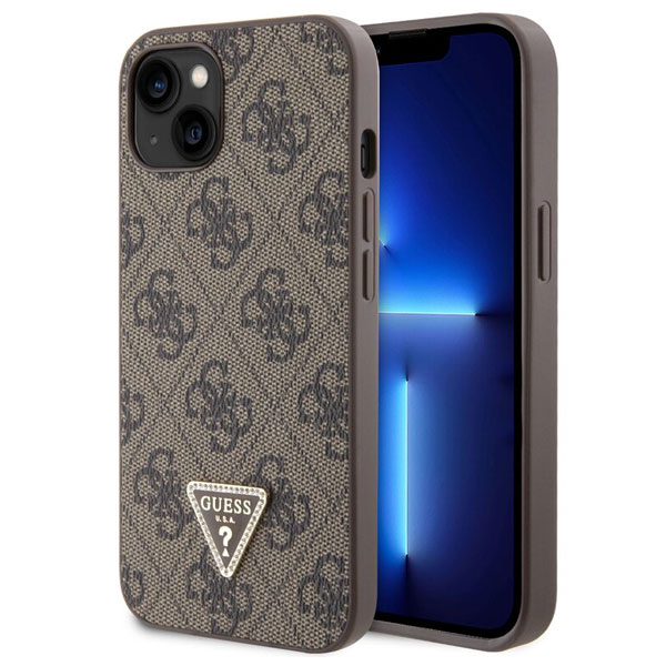 Guess PU 4G Strass Triangle Metal Logo Zadí Kryt pro iPhone 15, brown