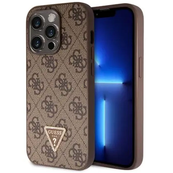 Guess PU 4G Strass Triangle Metal Logo Zadí Kryt pro iPhone 15 Pro, brown