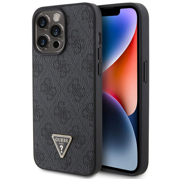 Guess PU 4G Strass Triangle Metal Logo Zadí Kryt pro iPhone 15 Pro Max, black Guess PU 4G Strass Triangle Metal Logo Zadí Kryt pro iPhone 15 Pro Max, black