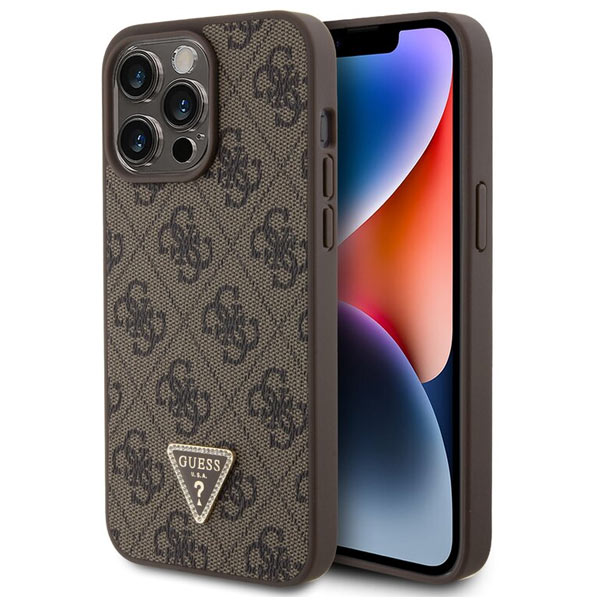 Guess PU 4G Strass Triangle Metal Logo Zadí Kryt pro iPhone 15 Pro Max, brown