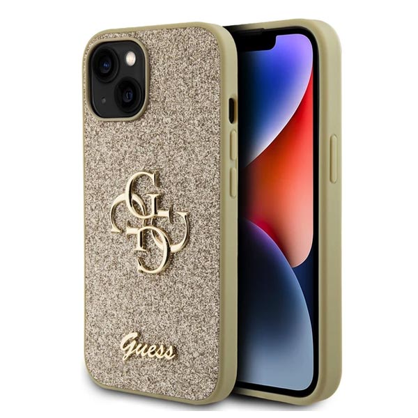 Guess PU Fixed Glitter 4G Metal Logo Zadní Kryt pro iPhone 15, gold