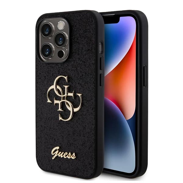 Guess PU Fixed Glitter 4G Metal Logo Zadní Kryt pro iPhone 15 Pro, black