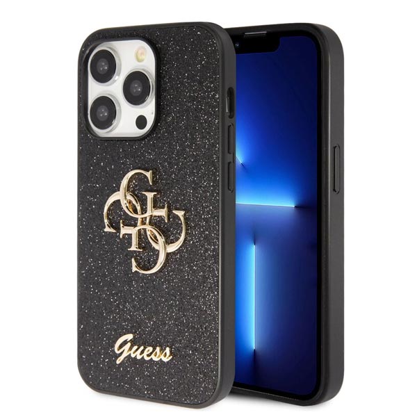 Guess PU Fixed Glitter 4G Metal Logo Zadní Kryt pro iPhone 15 Pro Max, black