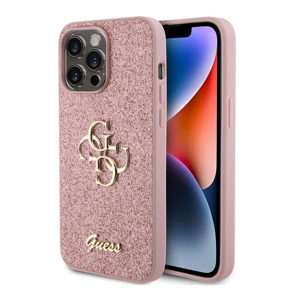 Guess PU Fixed Glitter 4G Metal Logo Zadní Kryt pro iPhone 15 Pro Max, pink