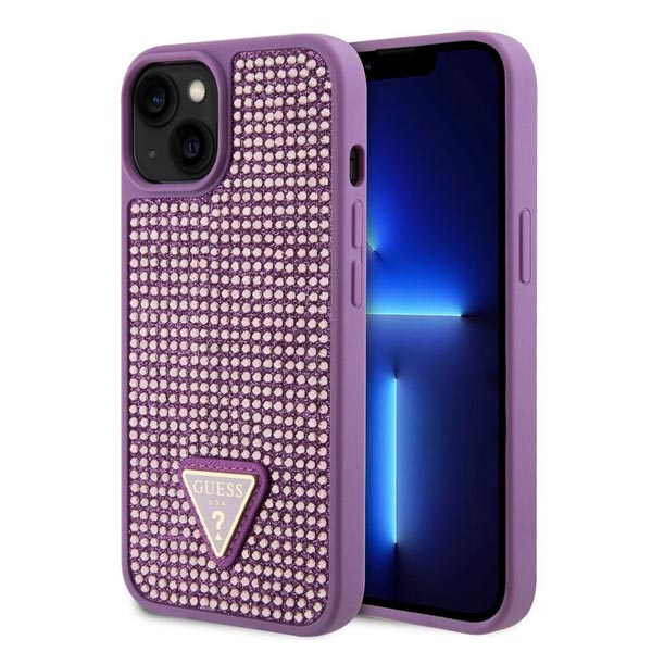 Guess Rhinestones Triangle Metal Logo Kryt pro iPhone 13, fialové