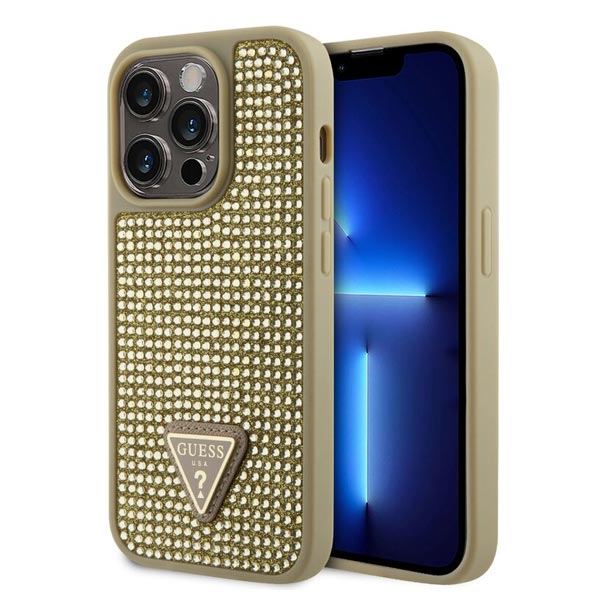 Guess Rhinestones Triangle Metal Logo Kryt pro iPhone 15 Pro Max, zlaté