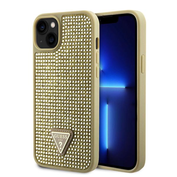 Guess Rhinestones Triangle Metal Logo Kryt pro iPhone 15, zlaté