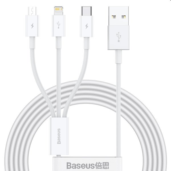 Levně Baseus CAMLTYS-02 Superior Fast Charging Datový Kabel 3v1 USB-C/ Lightning/ MicroUSB 1.5m, bílý