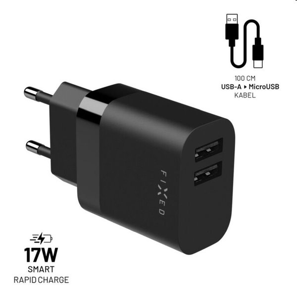 Levně FIXED Set Síťová nabíječka 2xUSB výstupem a USB/micro USB kabelu, 1 m, 17W, Smart Rapid Charge, černá