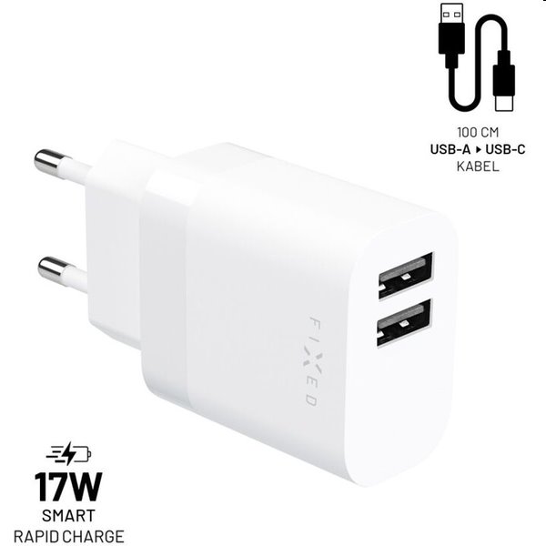 FIXED Set Síťová nabíječka 2xUSB výstupem a USB/USB-C kabelu, 1 m, 17W, Smart Rapid Charge, bílá