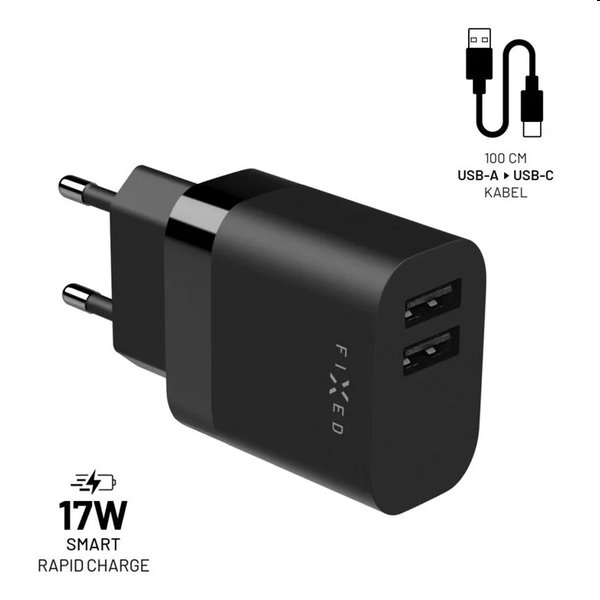 FIXED Set Síťová nabíječka 2xUSB výstupem a USB/USB-C kabelu, 1 m, 17W, Smart Rapid Charge, černá