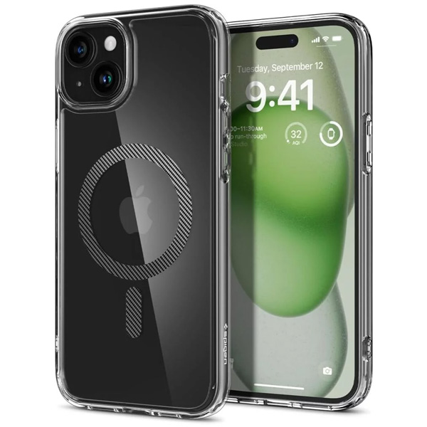 Levně Pouzdro Spigen Ultra Hybrid MagSafe pro Apple iPhone 15, transparentní/karbonové